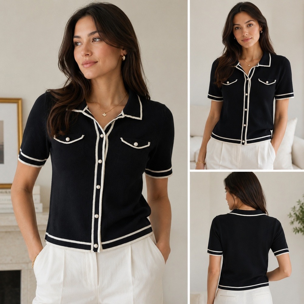 Jason Wu Knit Top Black White Contrast Trim Pearl Button Preppy Large